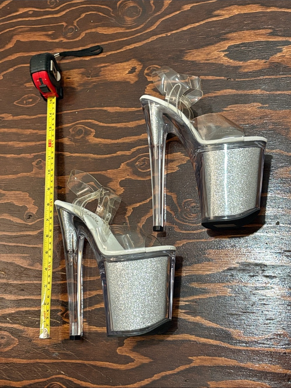 Pleasers 8” Clear Strap Silver Glitter Platform Heels